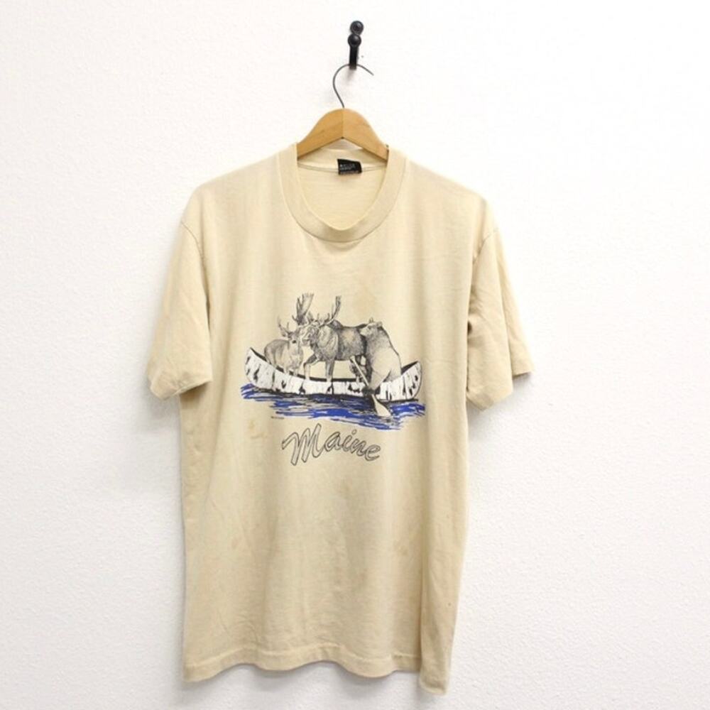 Vintage Maine Moose Buck Bear Canoe T Shirt XL